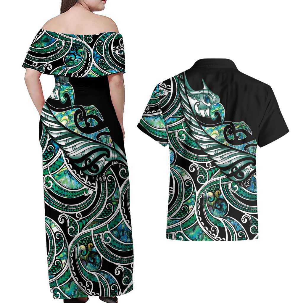 Maori Matariki - Manaia Couples Matching Off Shoulder Maxi Dress and Hawaiian Shirt Emerald Paua Shell