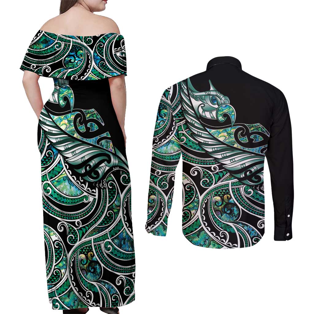 Maori Matariki - Manaia Couples Matching Off Shoulder Maxi Dress and Long Sleeve Button Shirt Emerald Paua Shell