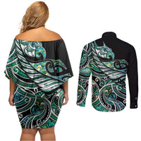 Maori Matariki - Manaia Couples Matching Off Shoulder Short Dress and Long Sleeve Button Shirt Emerald Paua Shell