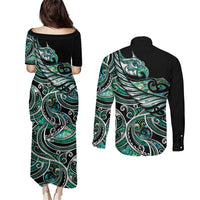 Maori Matariki - Manaia Couples Matching Puletasi and Long Sleeve Button Shirt Emerald Paua Shell
