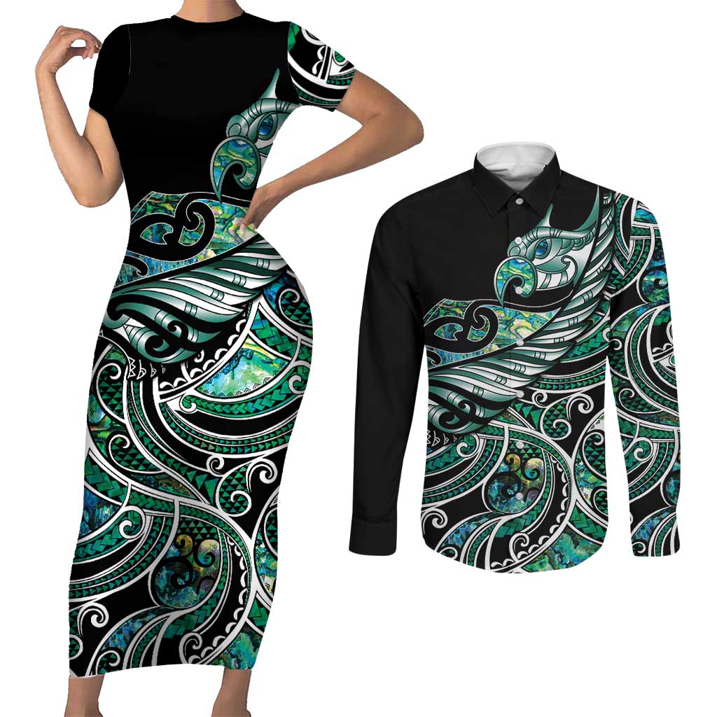 Maori Matariki - Manaia Couples Matching Short Sleeve Bodycon Dress and Long Sleeve Button Shirt Emerald Paua Shell