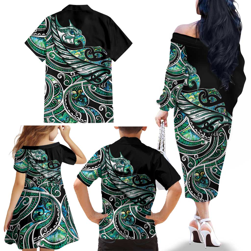 Maori Matariki - Manaia Family Matching Off The Shoulder Long Sleeve Dress and Hawaiian Shirt Emerald Paua Shell