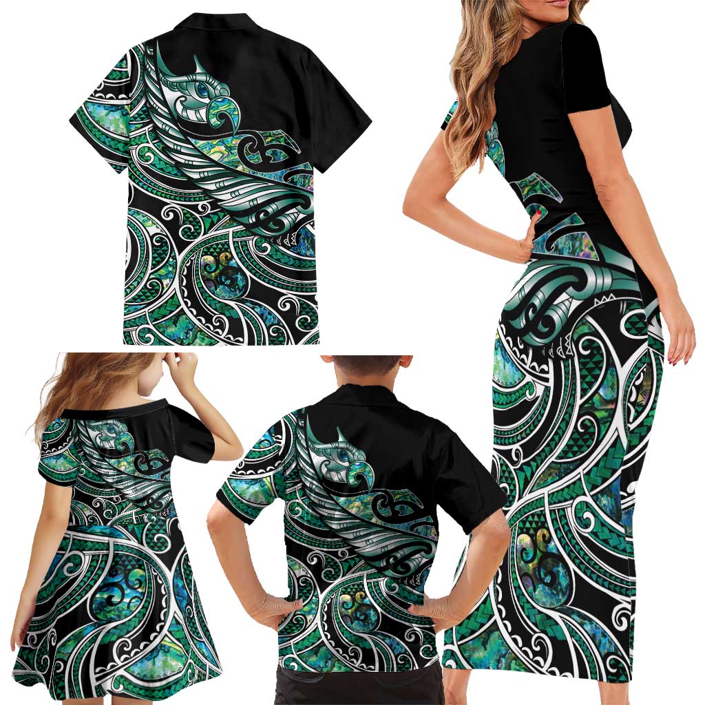 Maori Matariki - Manaia Family Matching Short Sleeve Bodycon Dress and Hawaiian Shirt Emerald Paua Shell