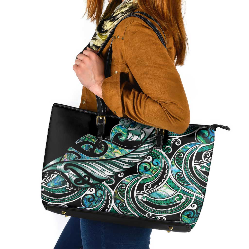 Maori Matariki - Manaia Leather Tote Bag Emerald Paua Shell