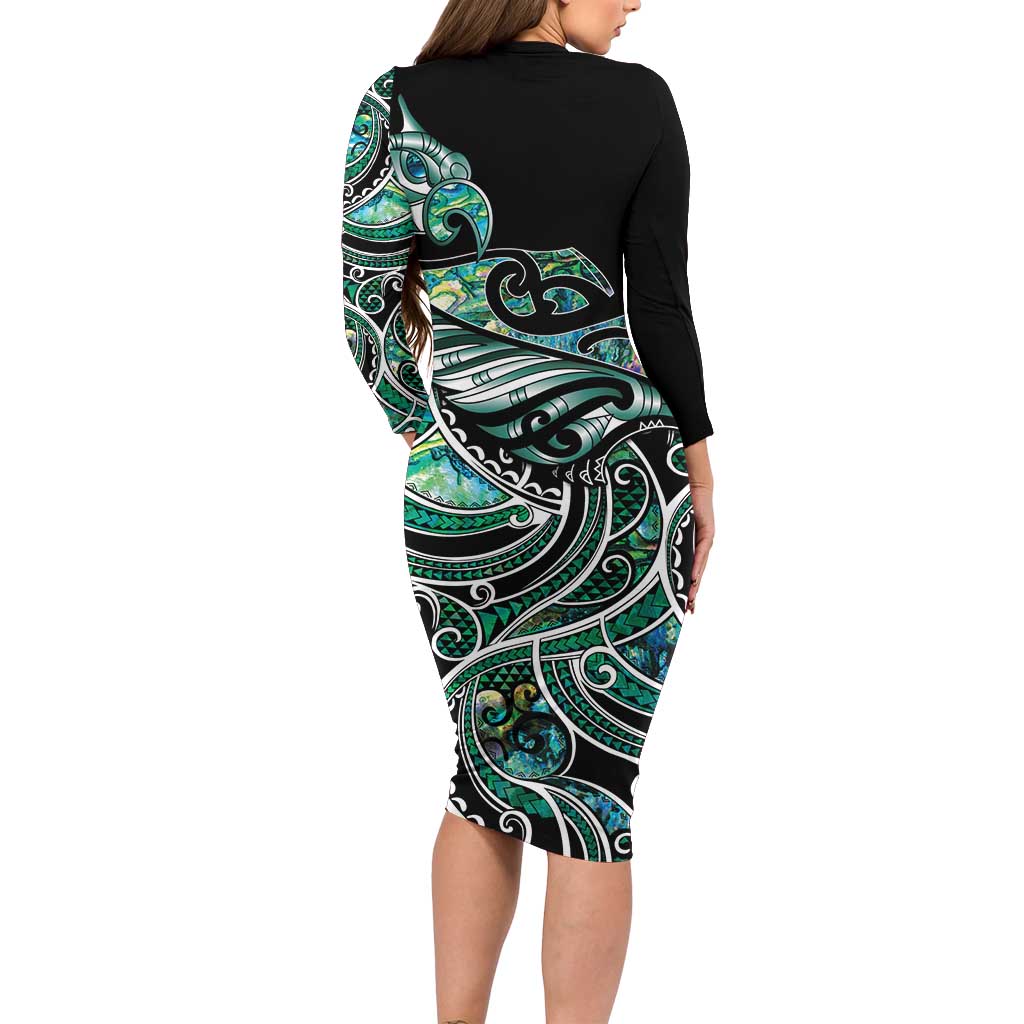 Maori Matariki - Manaia Long Sleeve Bodycon Dress Emerald Paua Shell