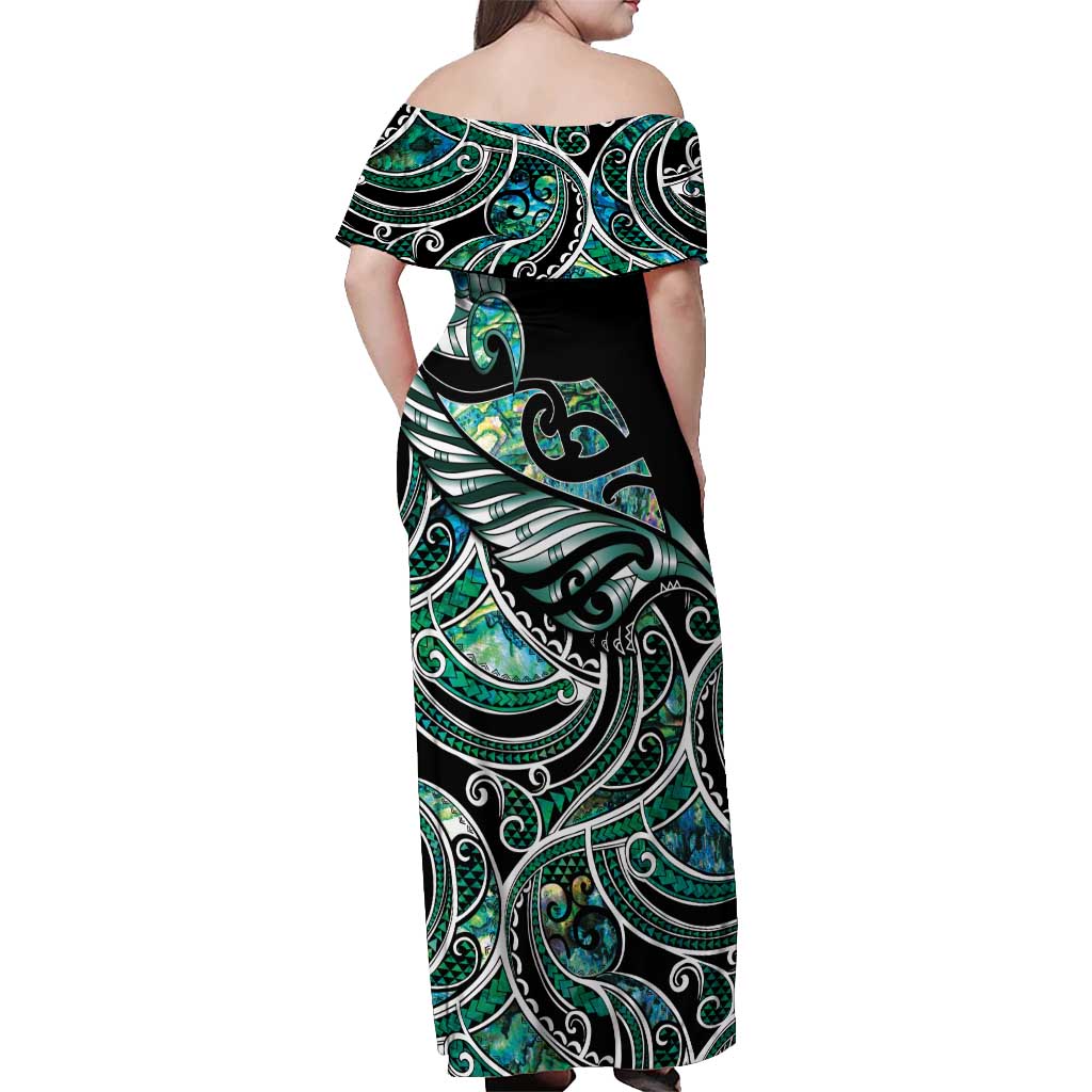 Maori Matariki - Manaia Off Shoulder Maxi Dress Emerald Paua Shell