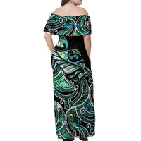 Maori Matariki - Manaia Off Shoulder Maxi Dress Emerald Paua Shell