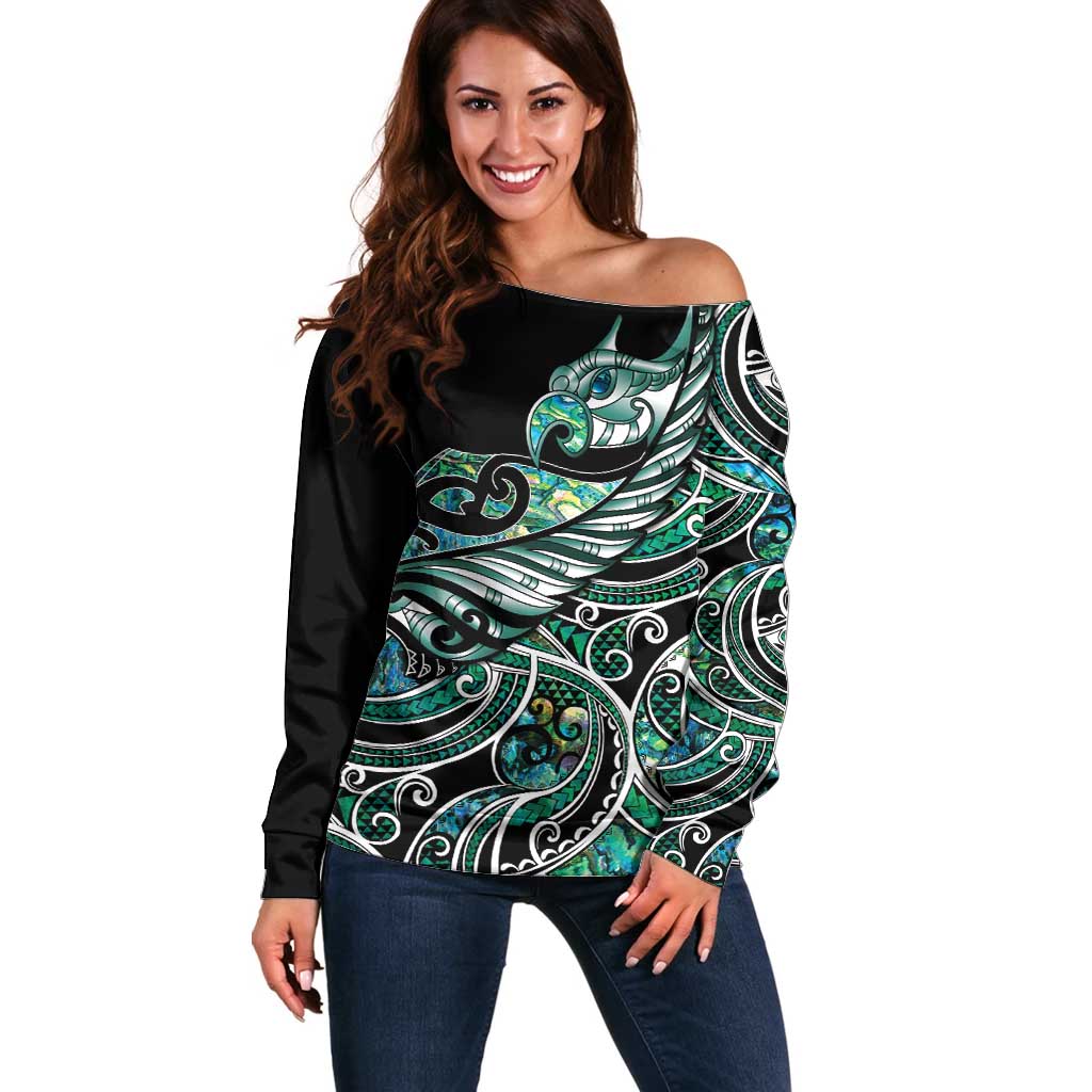Maori Matariki - Manaia Off Shoulder Sweater Emerald Paua Shell
