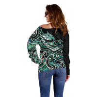 Maori Matariki - Manaia Off Shoulder Sweater Emerald Paua Shell
