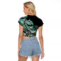 Maori Matariki - Manaia Raglan Cropped T Shirt Emerald Paua Shell