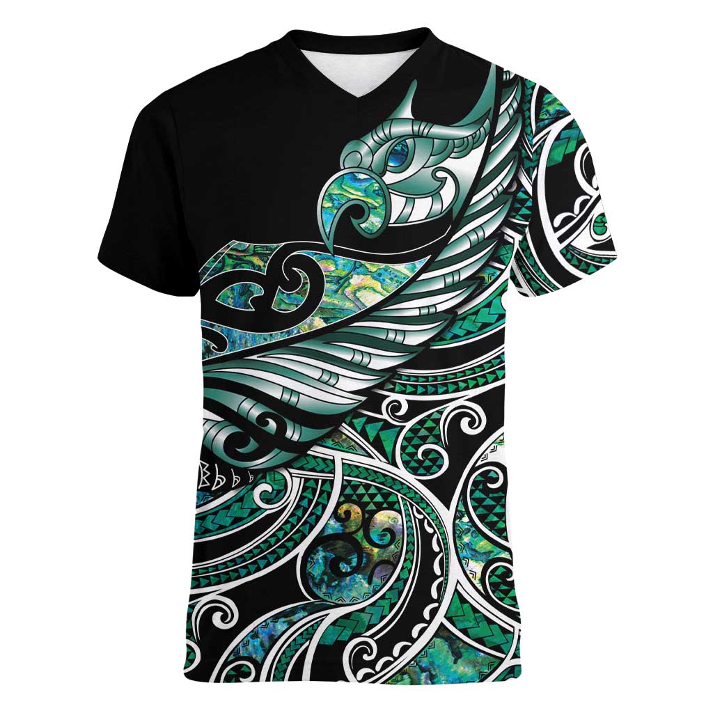 Maori Matariki - Manaia Women V-Neck T-Shirt Emerald Paua Shell