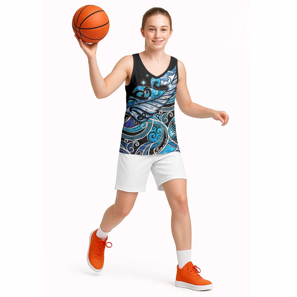 Maori Matariki - Manaia Basketball Jersey Galaxy Blue Paua Shell
