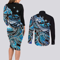Maori Matariki - Manaia Couples Matching Long Sleeve Bodycon Dress and Long Sleeve Button Shirt Galaxy Blue Paua Shell