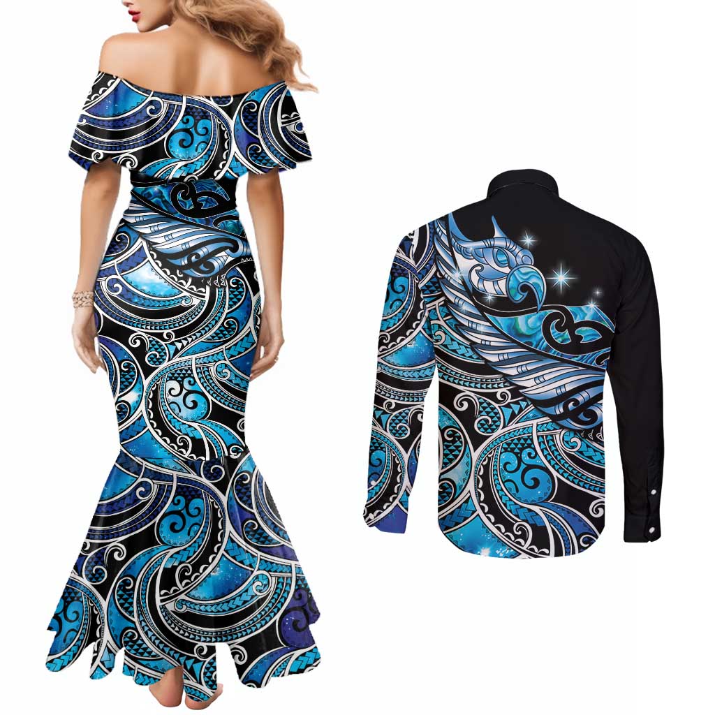 Maori Matariki - Manaia Couples Matching Mermaid Dress and Long Sleeve Button Shirt Galaxy Blue Paua Shell