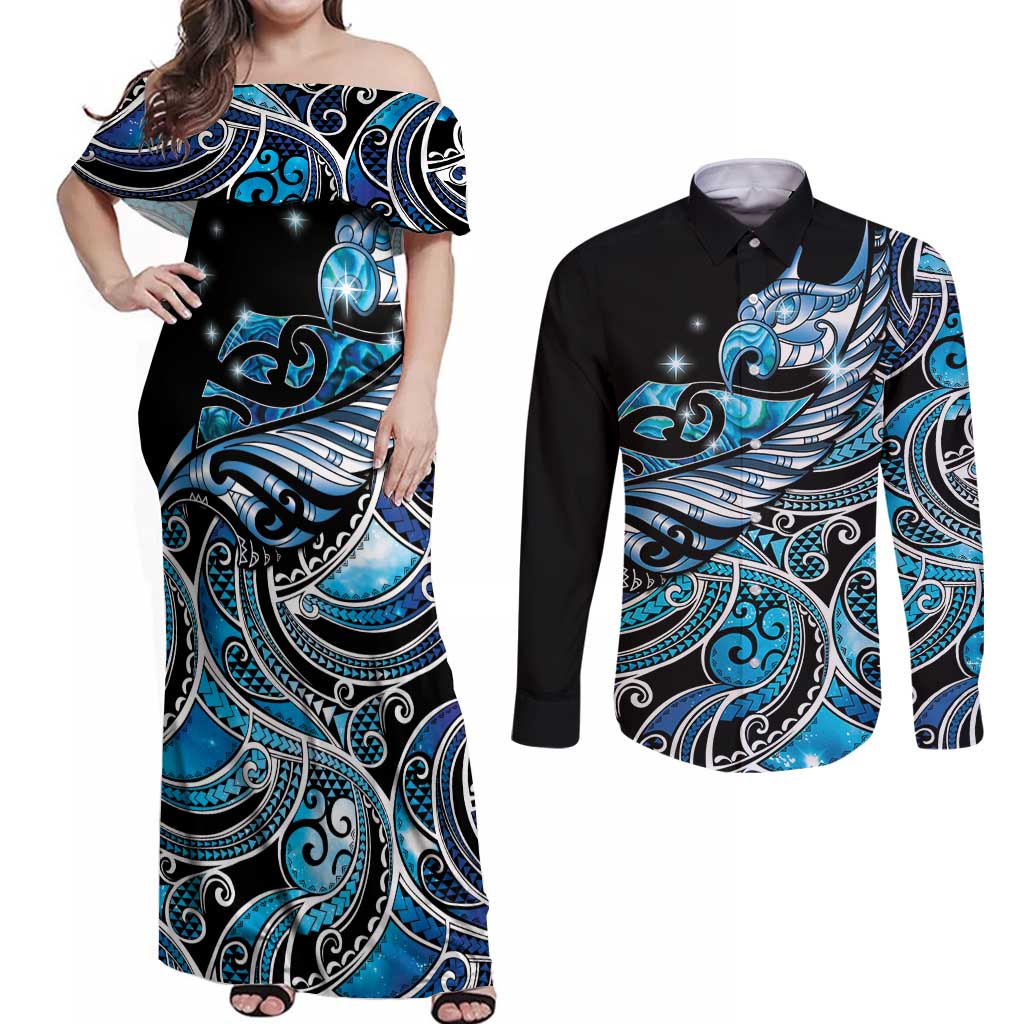 Maori Matariki - Manaia Couples Matching Off Shoulder Maxi Dress and Long Sleeve Button Shirt Galaxy Blue Paua Shell