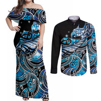 Maori Matariki - Manaia Couples Matching Off Shoulder Maxi Dress and Long Sleeve Button Shirt Galaxy Blue Paua Shell