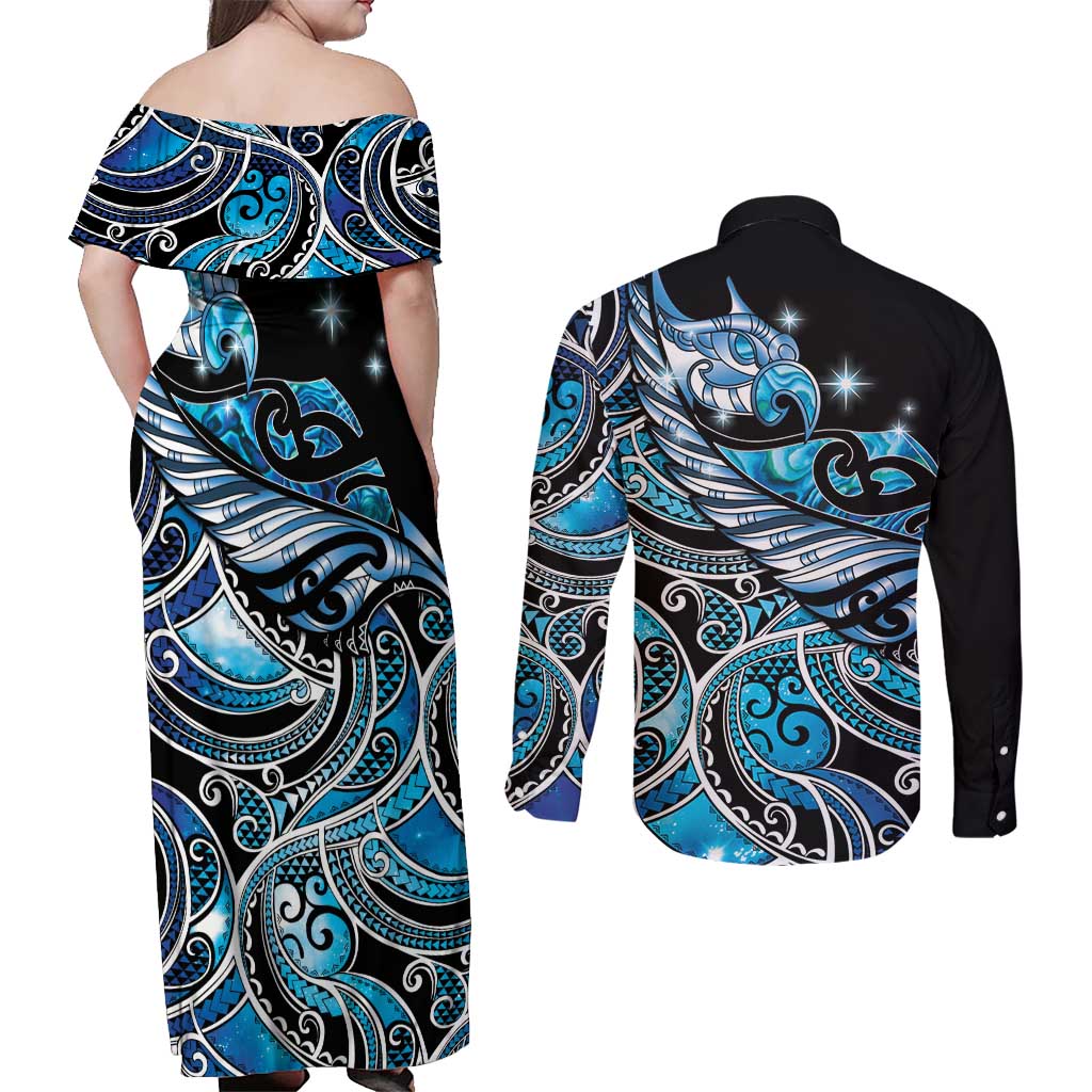 Maori Matariki - Manaia Couples Matching Off Shoulder Maxi Dress and Long Sleeve Button Shirt Galaxy Blue Paua Shell