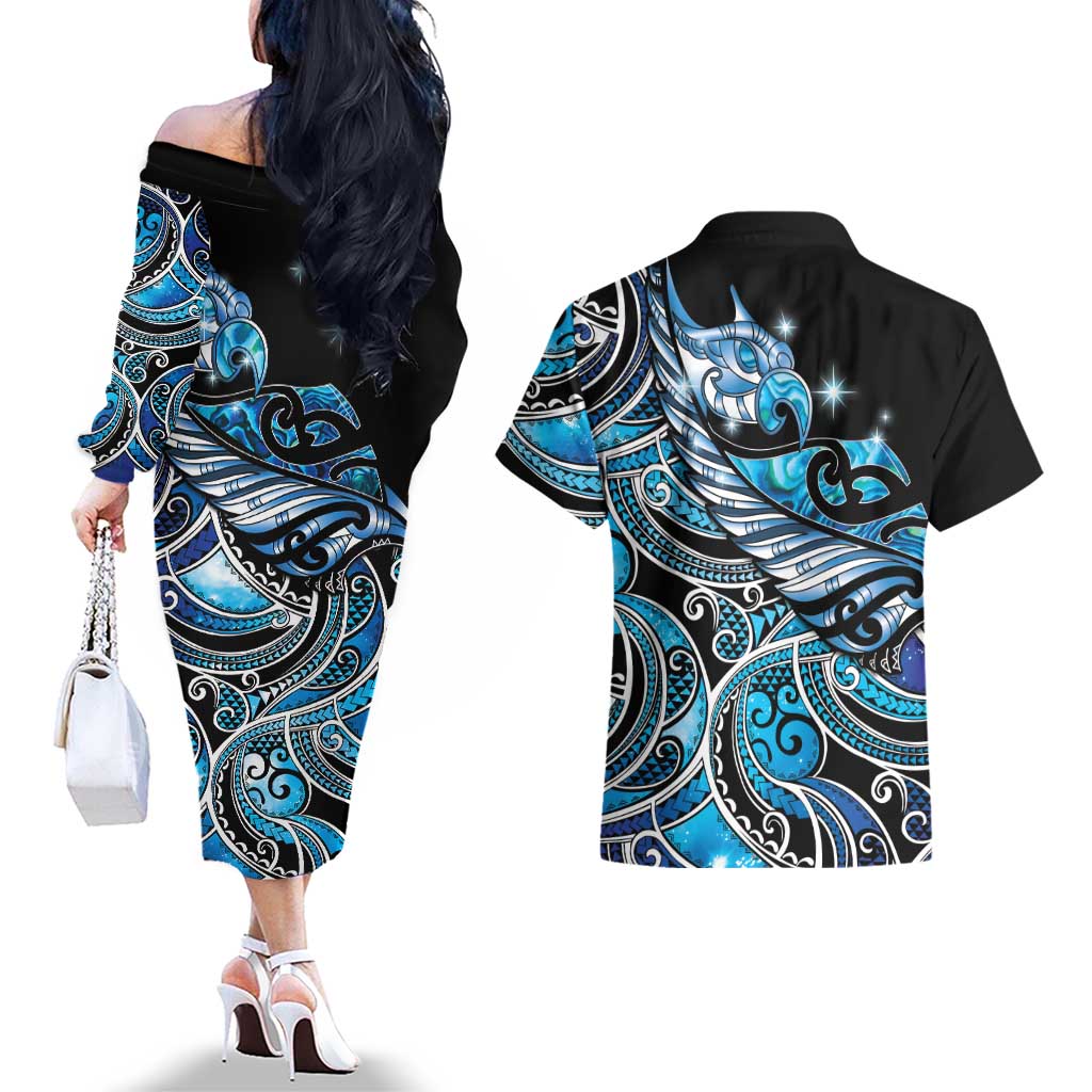 Maori Matariki - Manaia Couples Matching Off The Shoulder Long Sleeve Dress and Hawaiian Shirt Galaxy Blue Paua Shell