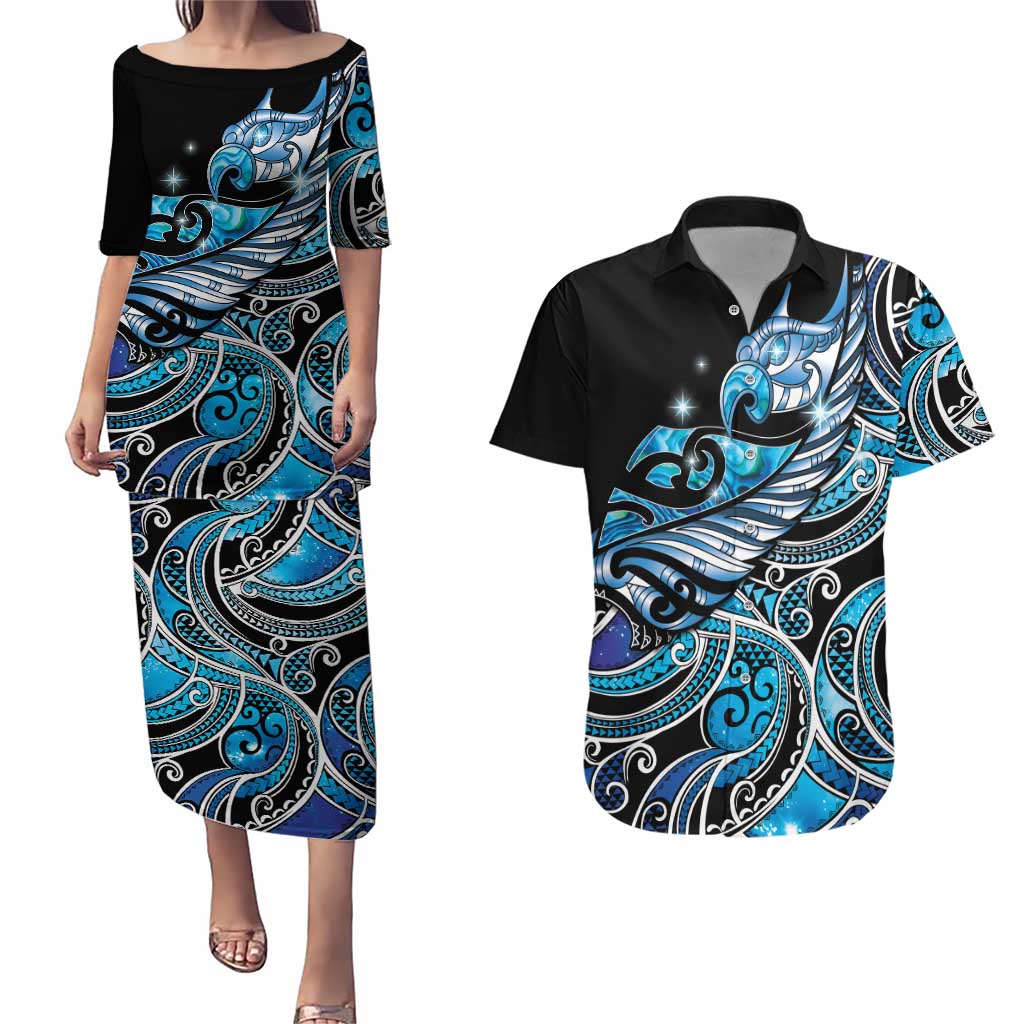Maori Matariki - Manaia Couples Matching Puletasi and Hawaiian Shirt Galaxy Blue Paua Shell