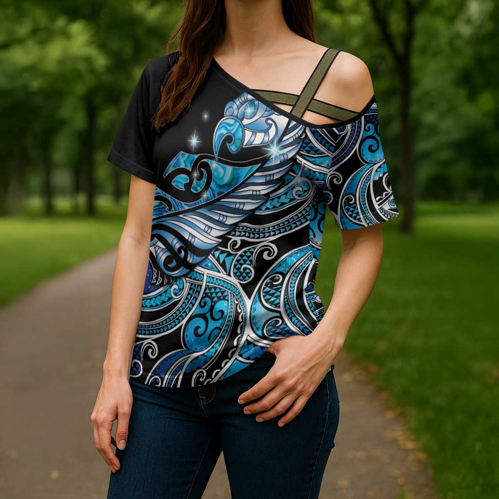 Maori Matariki - Manaia Cross Shoulder Shirt Galaxy Blue Paua Shell