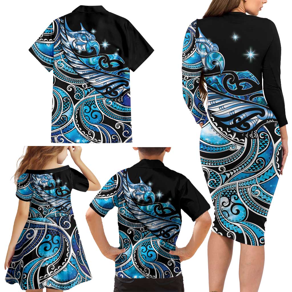 Maori Matariki - Manaia Family Matching Long Sleeve Bodycon Dress and Hawaiian Shirt Galaxy Blue Paua Shell LT7 - Polynesian Pride