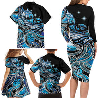 Maori Matariki - Manaia Family Matching Long Sleeve Bodycon Dress and Hawaiian Shirt Galaxy Blue Paua Shell LT7 - Polynesian Pride