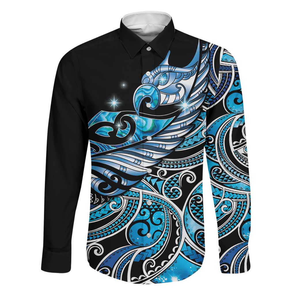Maori Matariki - Manaia Family Matching Long Sleeve Bodycon Dress and Hawaiian Shirt Galaxy Blue Paua Shell LT7 Dad's Shirt - Long Sleeve Blue - Polynesian Pride