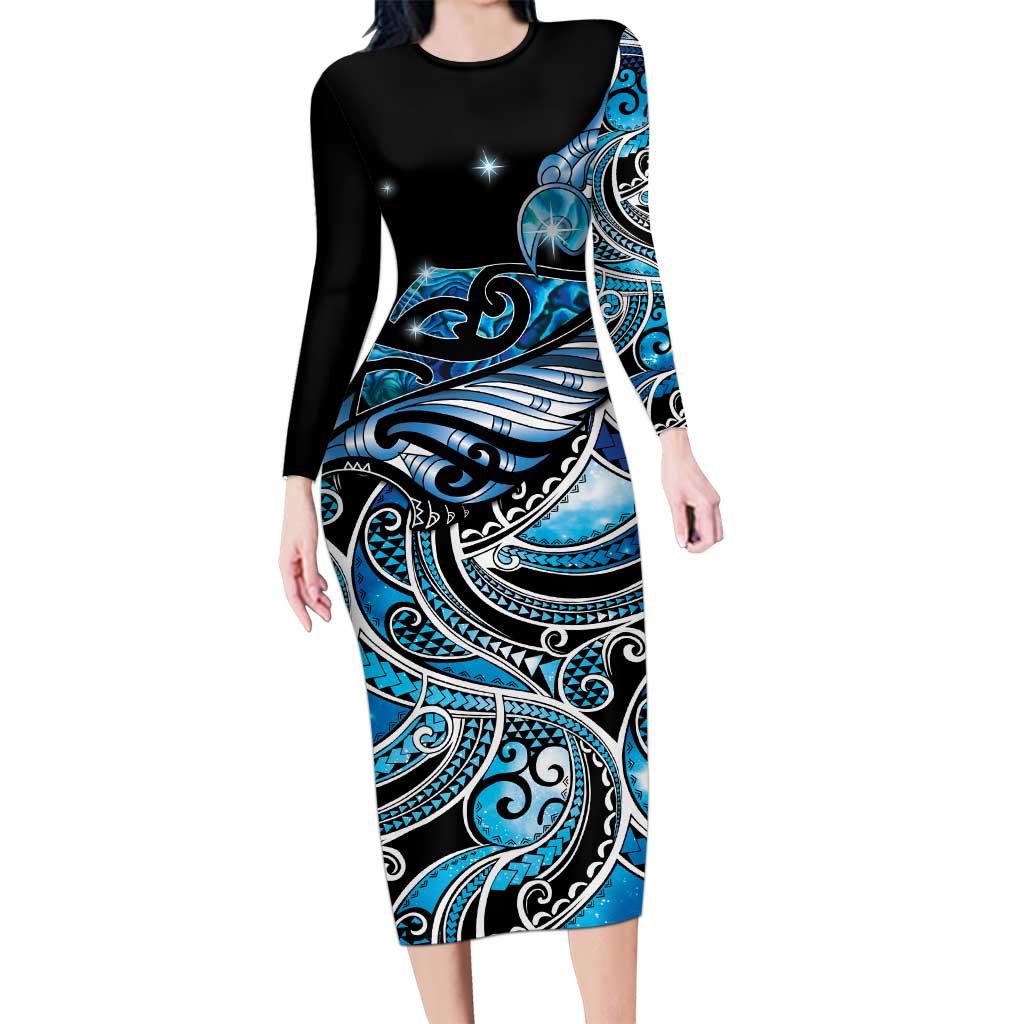 Maori Matariki - Manaia Family Matching Long Sleeve Bodycon Dress and Hawaiian Shirt Galaxy Blue Paua Shell LT7 Mom's Dress Blue - Polynesian Pride