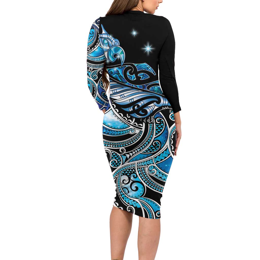Maori Matariki - Manaia Family Matching Long Sleeve Bodycon Dress and Hawaiian Shirt Galaxy Blue Paua Shell LT7 - Polynesian Pride