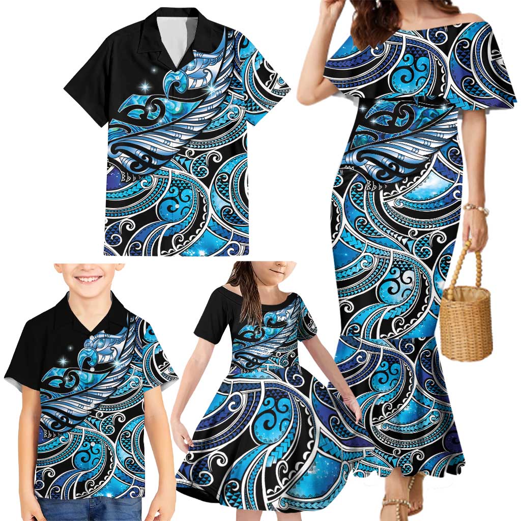 Maori Matariki - Manaia Family Matching Mermaid Dress and Hawaiian Shirt Galaxy Blue Paua Shell