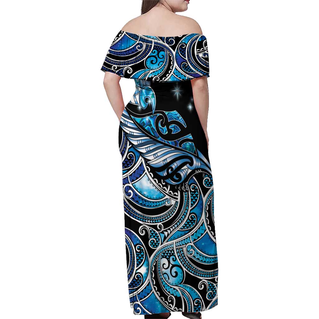 Maori Matariki - Manaia Family Matching Off Shoulder Maxi Dress and Hawaiian Shirt Galaxy Blue Paua Shell