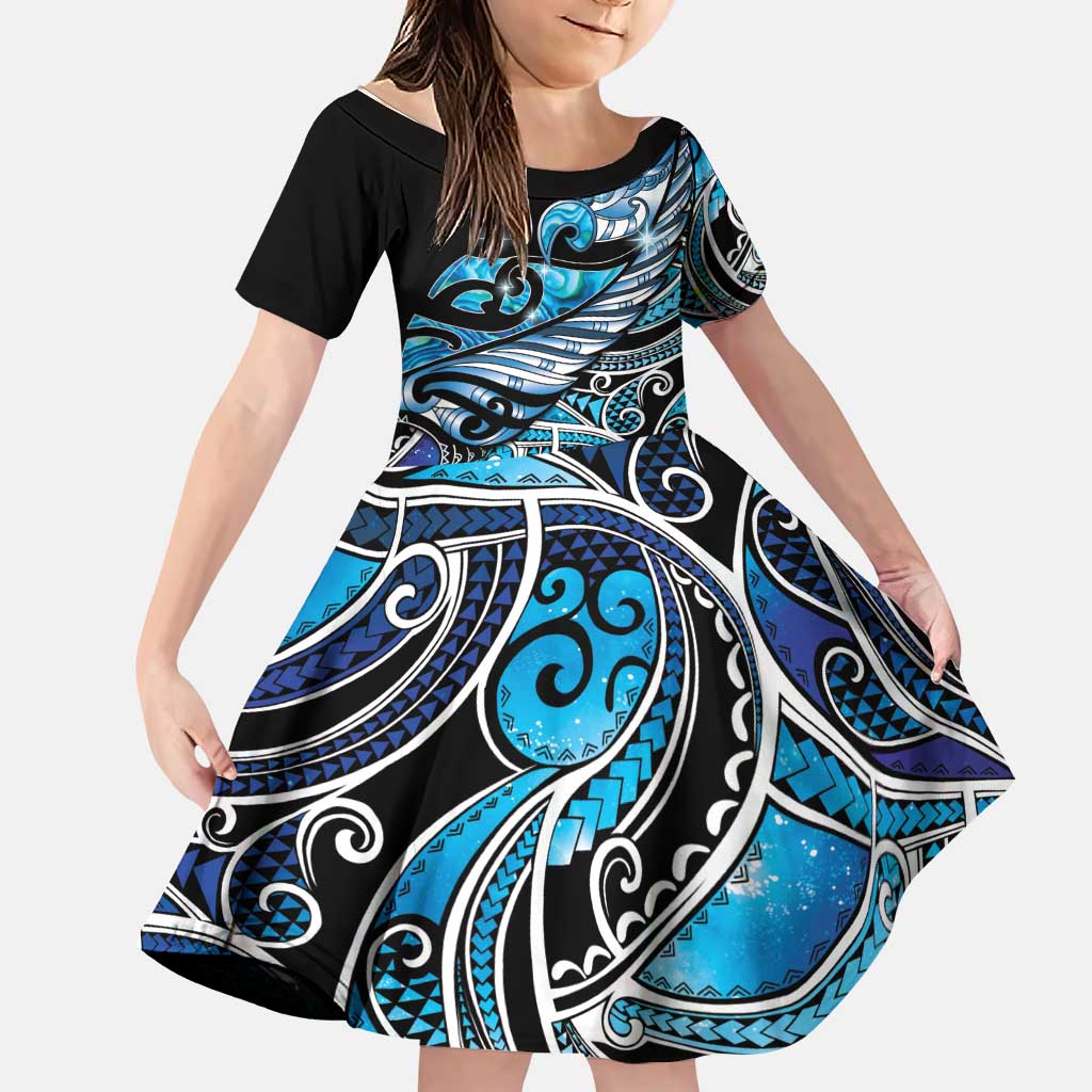 Maori Matariki - Manaia Family Matching Off Shoulder Short Dress and Hawaiian Shirt Galaxy Blue Paua Shell