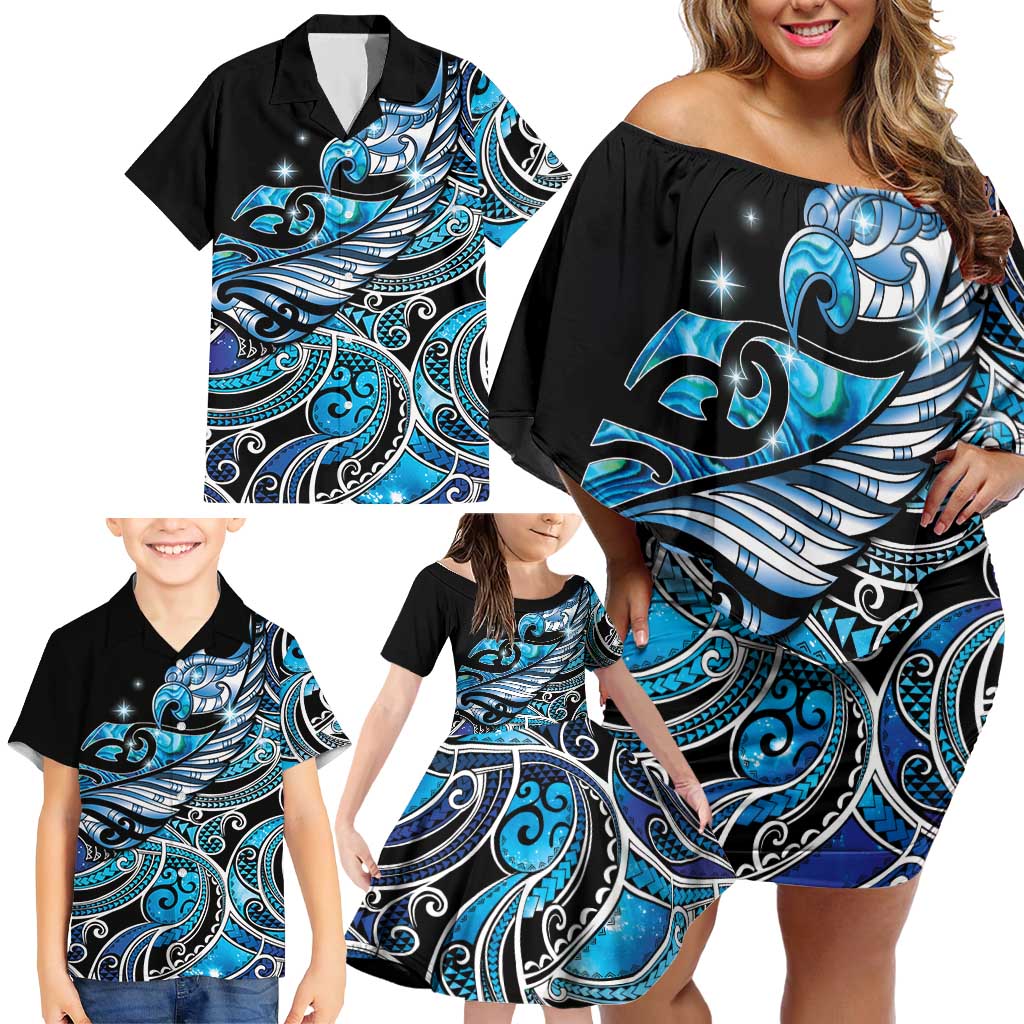 Maori Matariki - Manaia Family Matching Off Shoulder Short Dress and Hawaiian Shirt Galaxy Blue Paua Shell