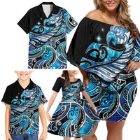 Maori Matariki - Manaia Family Matching Off Shoulder Short Dress and Hawaiian Shirt Galaxy Blue Paua Shell