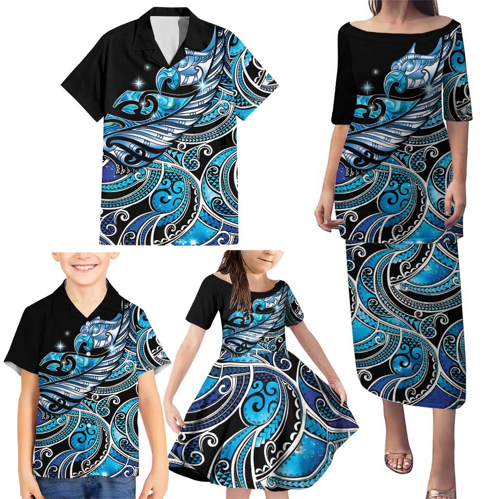 Maori Matariki - Manaia Family Matching Puletasi and Hawaiian Shirt Galaxy Blue Paua Shell
