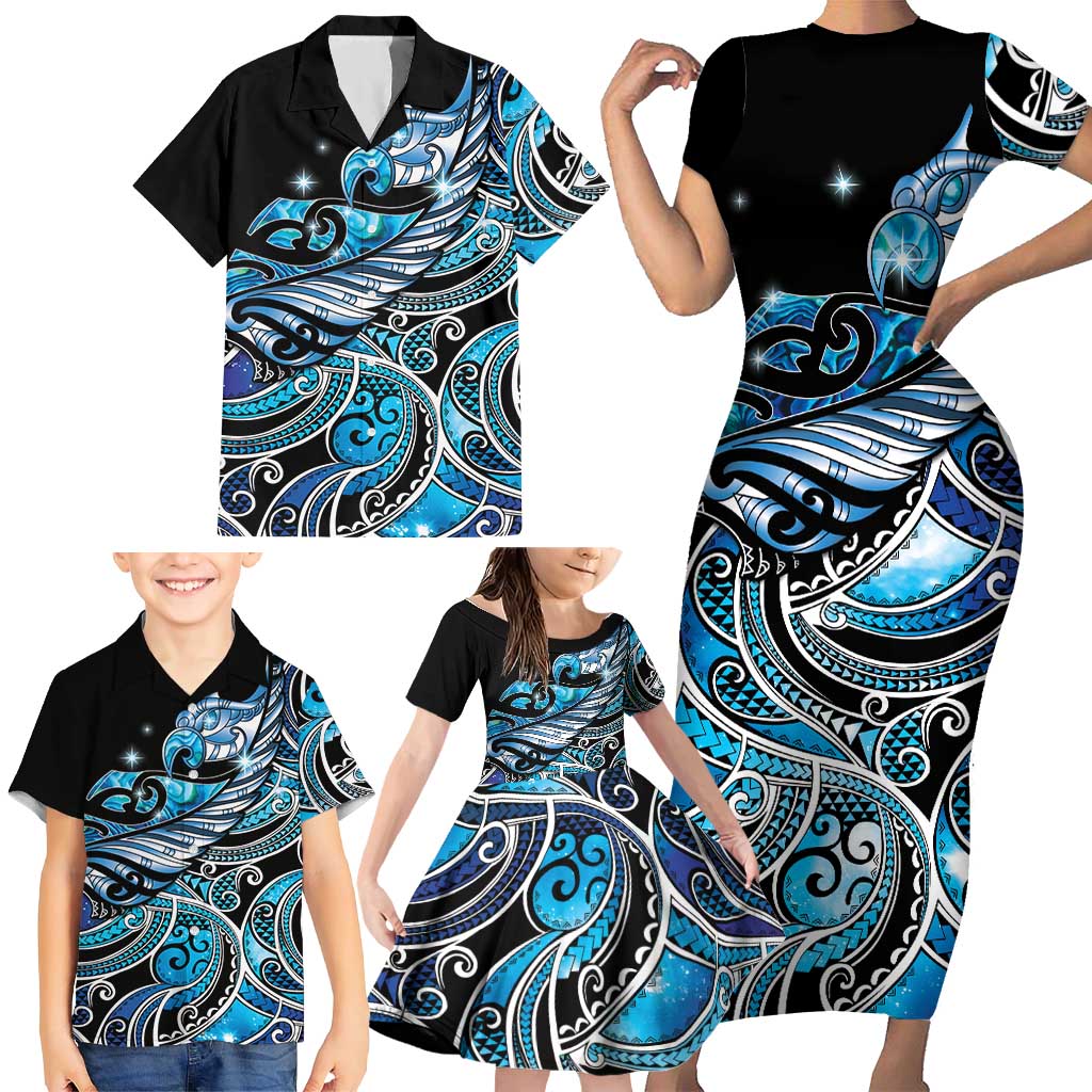 Maori Matariki - Manaia Family Matching Short Sleeve Bodycon Dress and Hawaiian Shirt Galaxy Blue Paua Shell