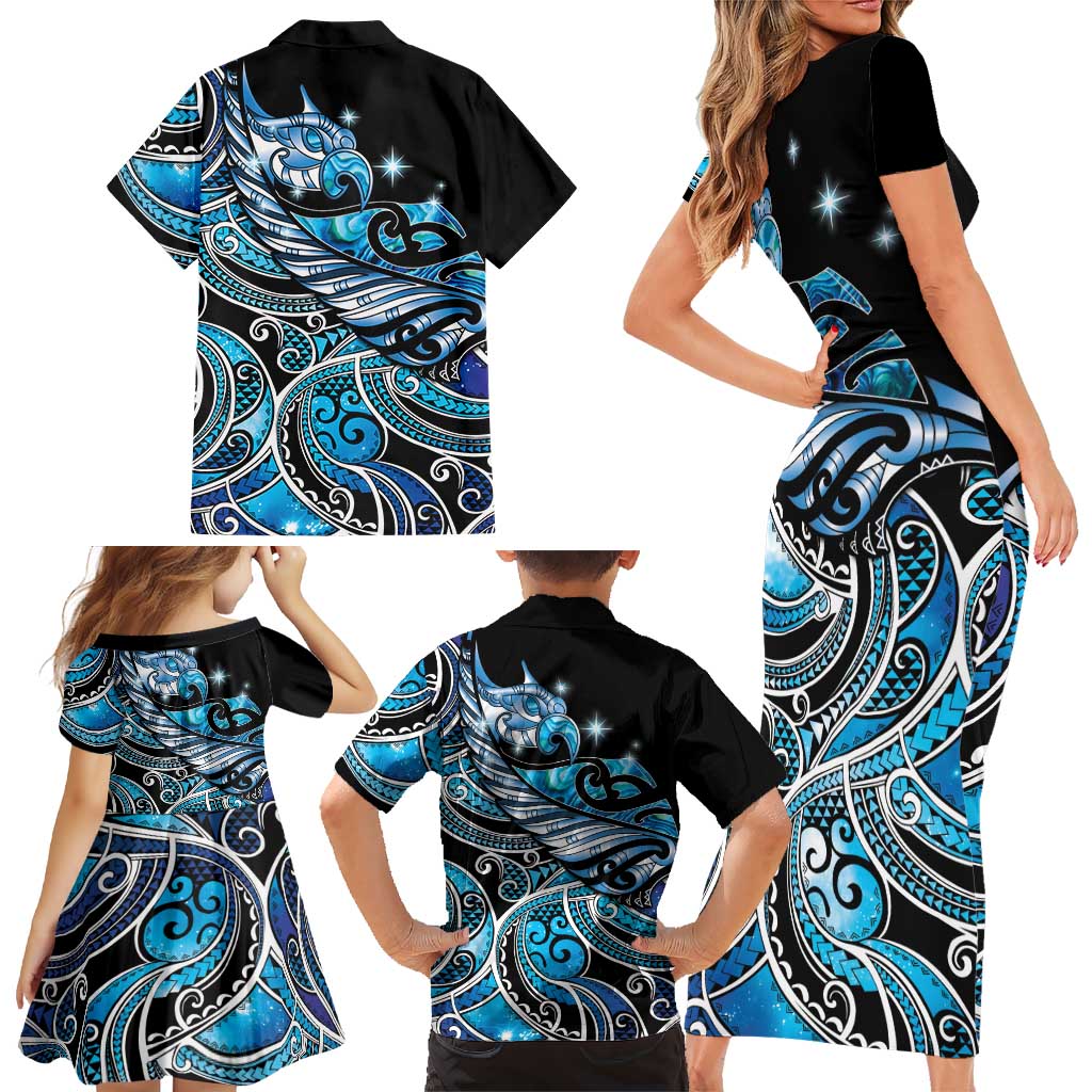 Maori Matariki - Manaia Family Matching Short Sleeve Bodycon Dress and Hawaiian Shirt Galaxy Blue Paua Shell