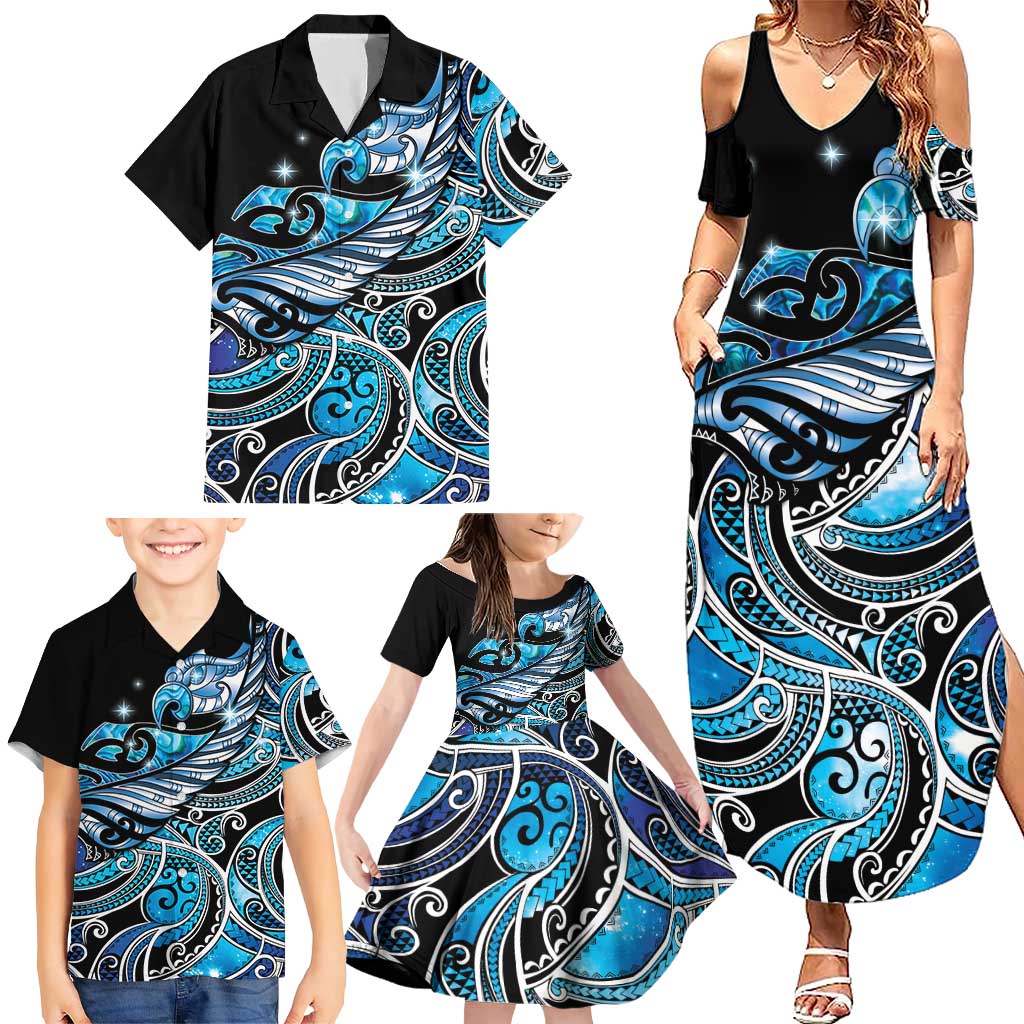 Maori Matariki - Manaia Family Matching Summer Maxi Dress and Hawaiian Shirt Galaxy Blue Paua Shell