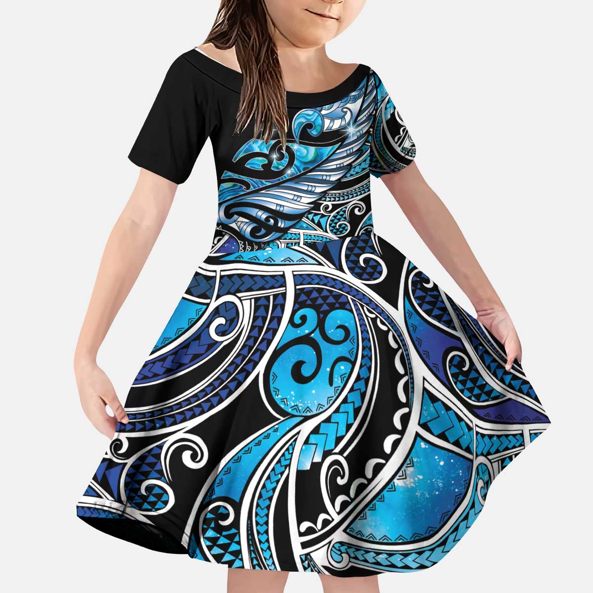 Maori Matariki - Manaia Kid Short Sleeve Dress Galaxy Blue Paua Shell