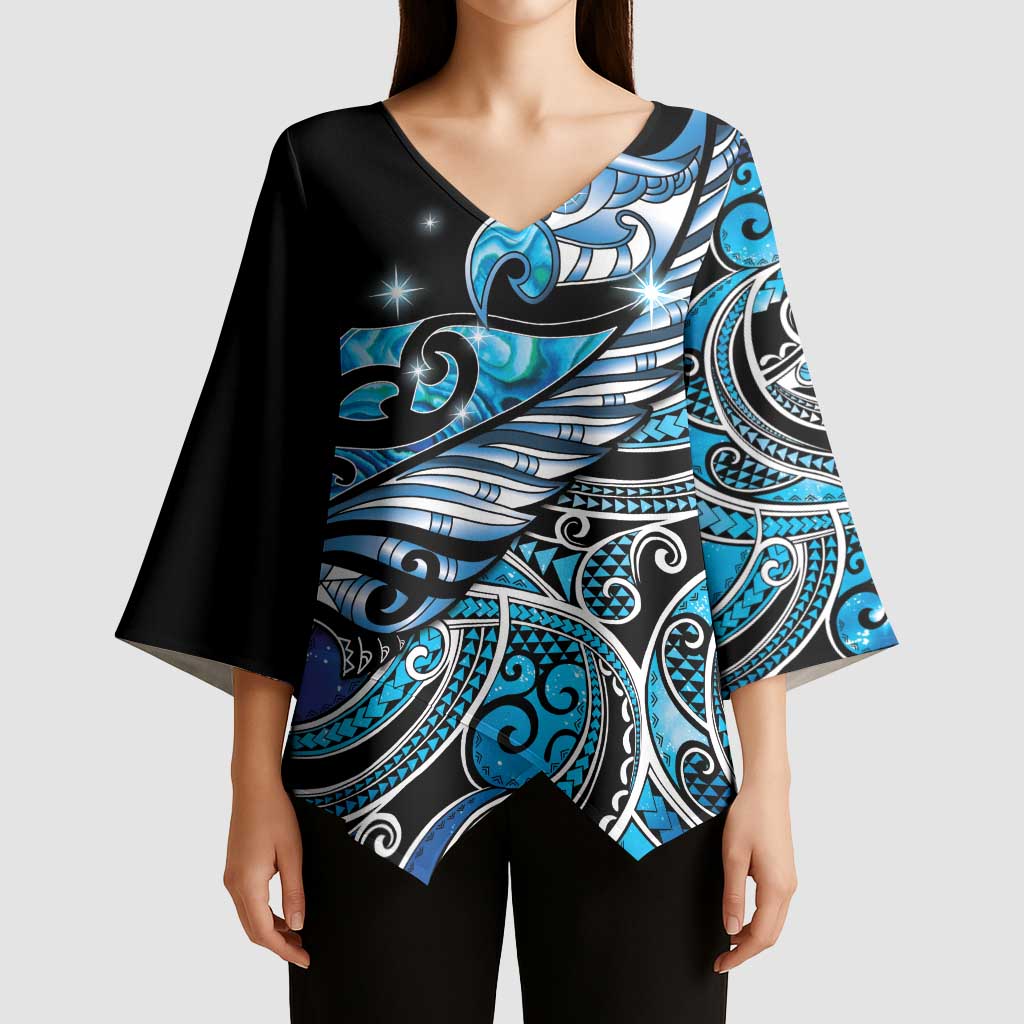 Maori Matariki - Manaia Kimono Sleeve Blouse Galaxy Blue Paua Shell
