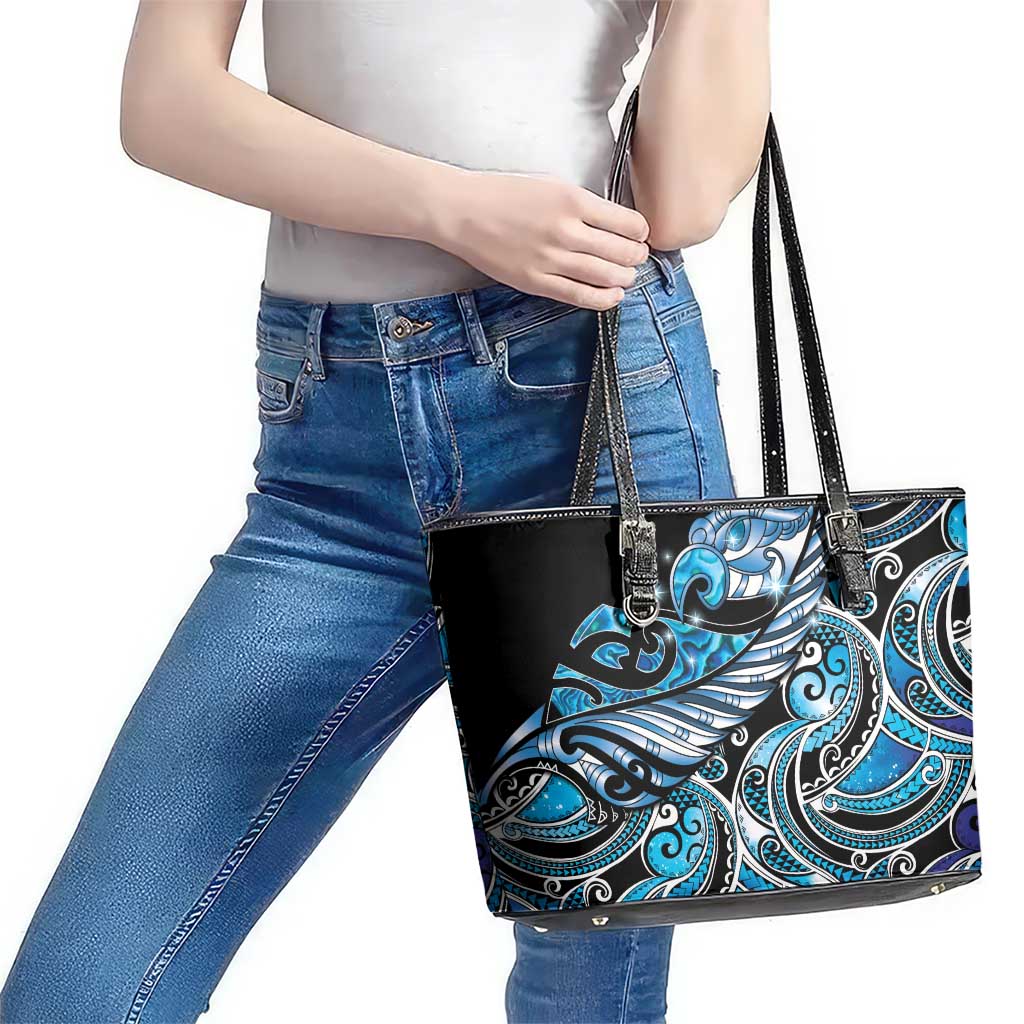Maori Matariki - Manaia Leather Tote Bag Galaxy Blue Paua Shell