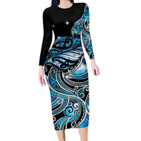Maori Matariki - Manaia Long Sleeve Bodycon Dress Galaxy Blue Paua Shell
