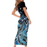 Maori Matariki - Manaia Short Sleeve Bodycon Dress Galaxy Blue Paua Shell