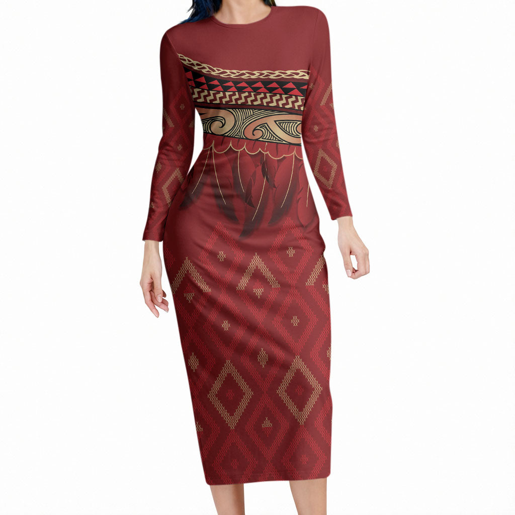Aotearoa Maori Waikato Tainui Iwi Long Sleeve Bodycon Dress Korowai Tukutuku Kaokao Motifs LT7 Long Dress Red - Polynesian Pride