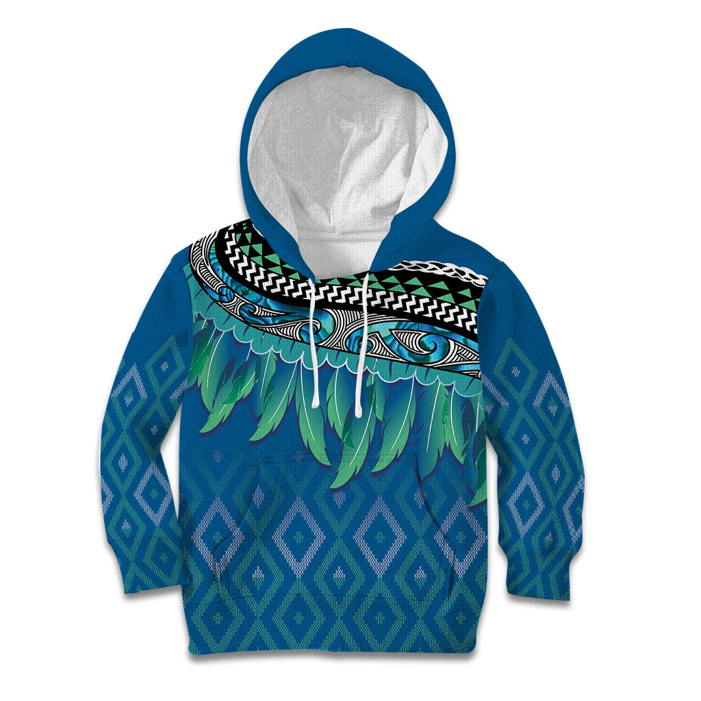 Aotearoa Maori Ngati Kahungunu Iwi Paua Blue Kid Hoodie Korowai Tukutuku Kaokao Motifs LT7 Hoodie Green Blue - Polynesian Pride