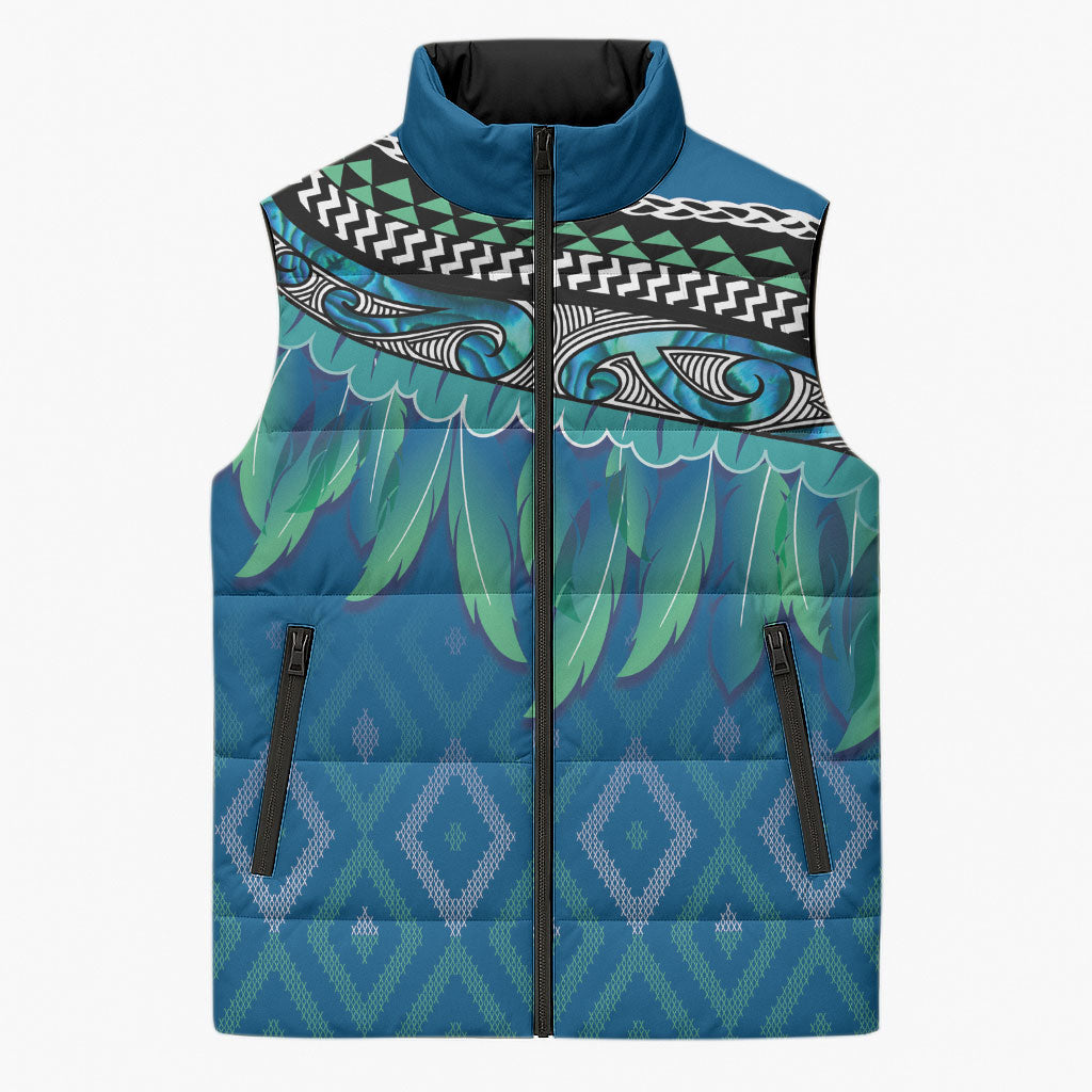 Aotearoa Maori Ngati Kahungunu Iwi Paua Blue Sleeveless Puffer Jacket Korowai Tukutuku Kaokao Motifs LT7 Unisex Green Blue - Polynesian Pride