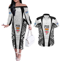 Personalised Fiji Rugby Couples Matching Off The Shoulder Long Sleeve Dress and Hawaiian Shirt 2023 World Cup History Makers - White Ver LT7 White - Polynesian Pride
