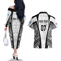 Personalised Fiji Rugby Couples Matching Off The Shoulder Long Sleeve Dress and Hawaiian Shirt 2023 World Cup History Makers - White Ver LT7 - Polynesian Pride