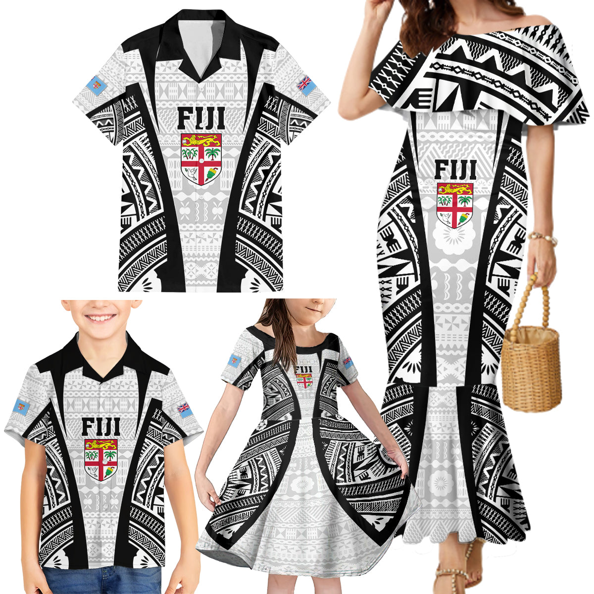 Personalised Fiji Rugby Family Matching Mermaid Dress and Hawaiian Shirt 2023 World Cup History Makers - White Ver LT7 - Polynesian Pride