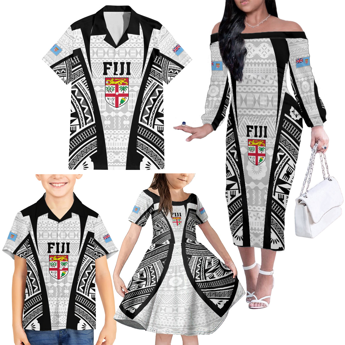 Personalised Fiji Rugby Family Matching Off Shoulder Long Sleeve Dress and Hawaiian Shirt 2023 World Cup History Makers - White Ver LT7 - Polynesian Pride